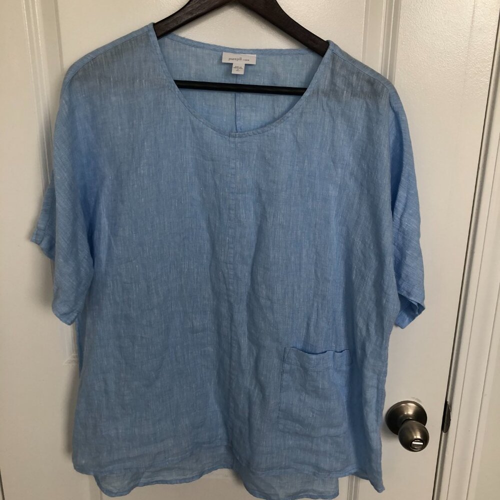 J. Jill Pure Jill 100% Linen Short Sleeve Lagenlook Blouse Light Blue Small